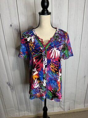 Rafaella Bright Tropical Knit Top Sz L Short Sleeve Rope Detailed Chest NWT